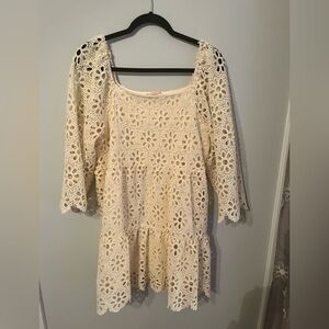 Lace Crochet Mini Dress in Cream - Women